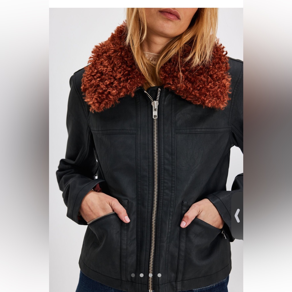 We The Free Black Vegan Jacket With Detachable Faux Fur Collar, Size M, Nwt